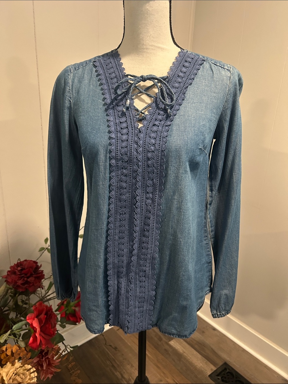 Vintage America Blue Lace-Front Denim-Effect Tunic
